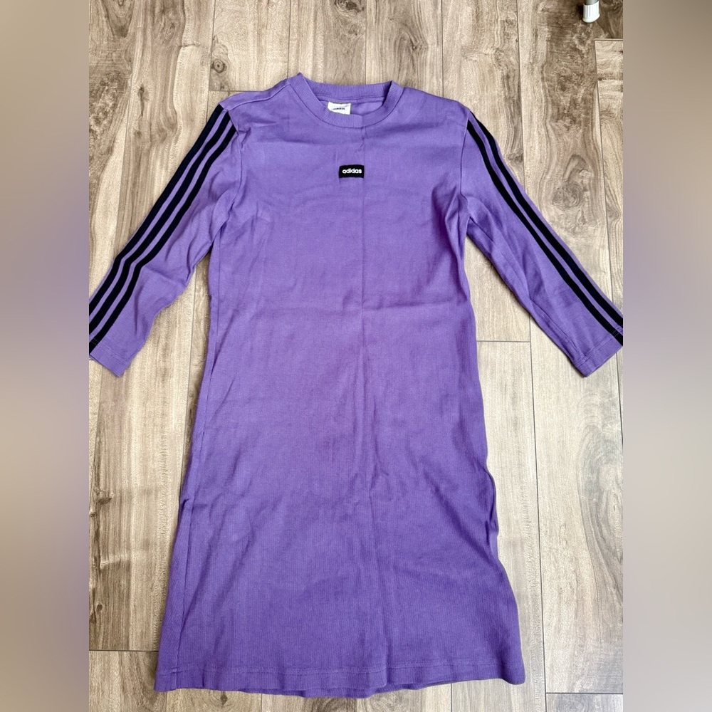 adidas Purple Long-Sleeve Knit Dress with Black Sleeve Stripes